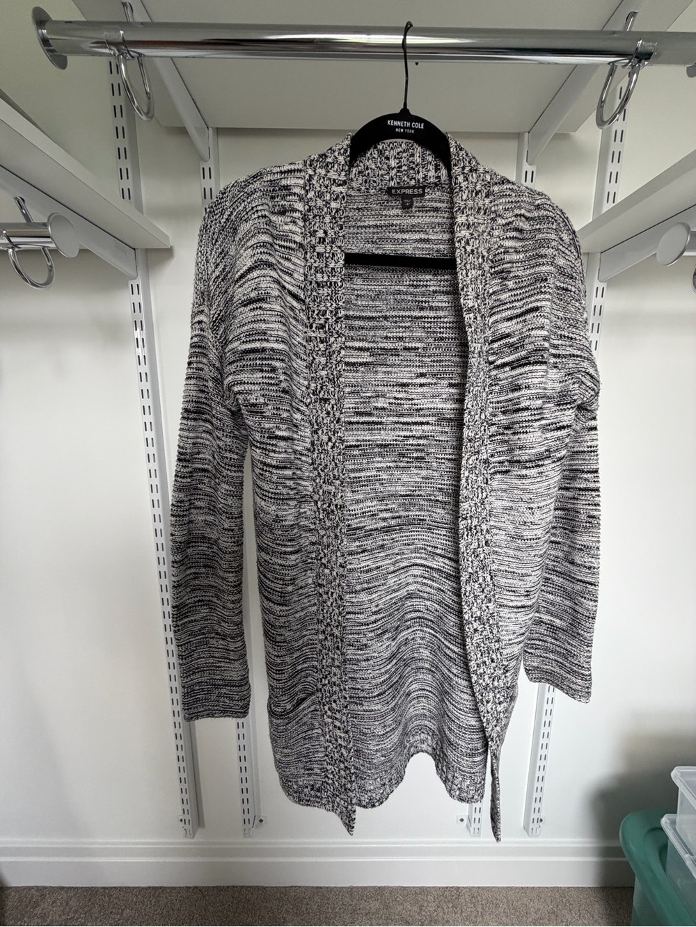 Express Marled Black and White Open-Front Cardigan
